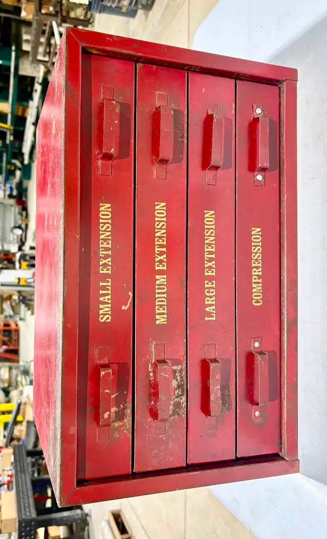 Vintage HEAVY Red Metal Tool Cabinet (w Four Labeled Drawers) - Photo 2