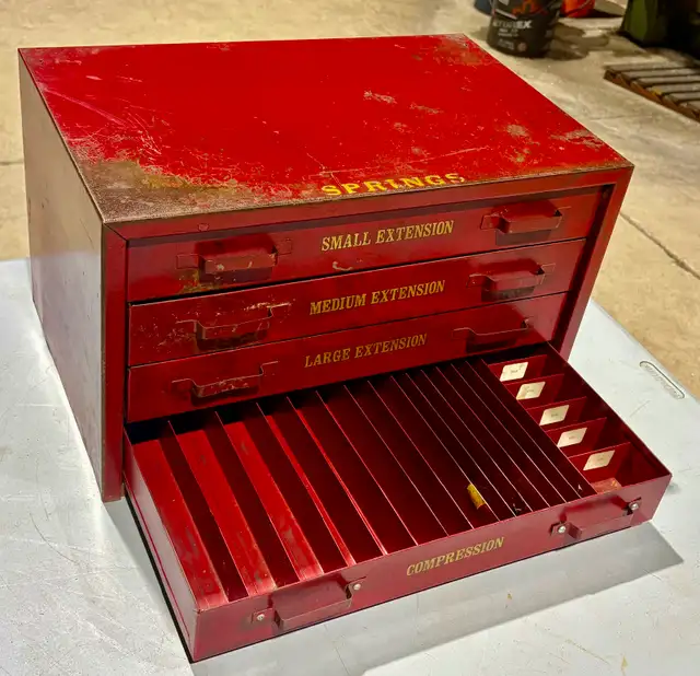 Vintage HEAVY Red Metal Tool Cabinet (w Four Labeled Drawers) - Photo 3