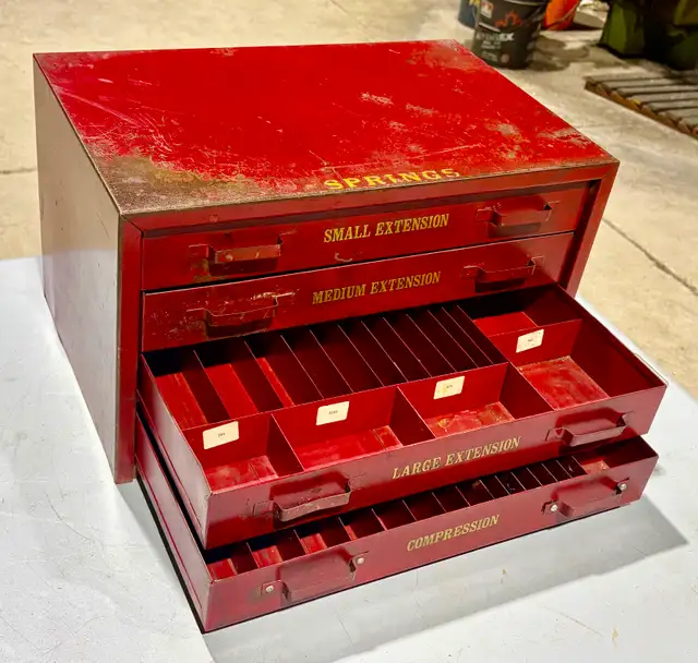 Vintage HEAVY Red Metal Tool Cabinet (w Four Labeled Drawers) - Photo 4