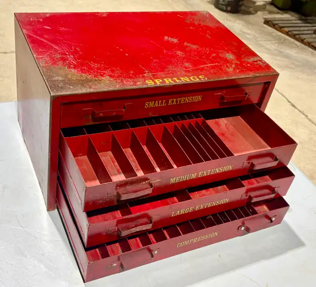 Vintage HEAVY Red Metal Tool Cabinet (w Four Labeled Drawers) - Photo 5