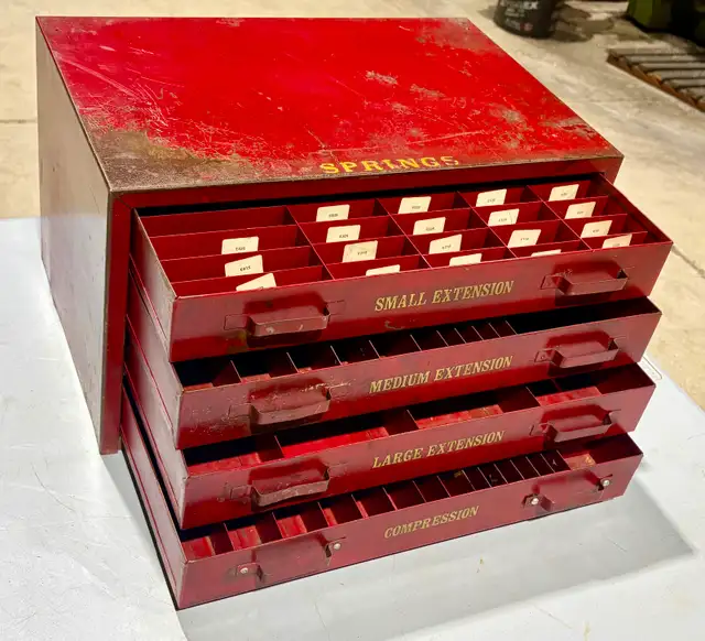 Vintage HEAVY Red Metal Tool Cabinet (w Four Labeled Drawers) - Photo 6