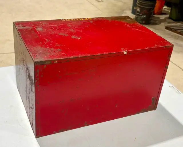 Vintage HEAVY Red Metal Tool Cabinet (w Four Labeled Drawers) - Photo 7