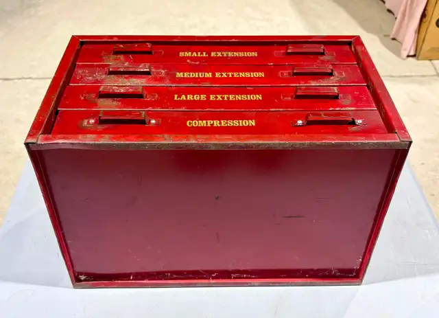 Vintage HEAVY Red Metal Tool Cabinet (w Four Labeled Drawers) - Photo 8