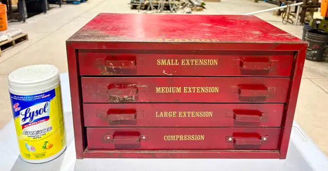 Vintage HEAVY Red Metal Tool Cabinet (w Four Labeled Drawers) - Photo 9