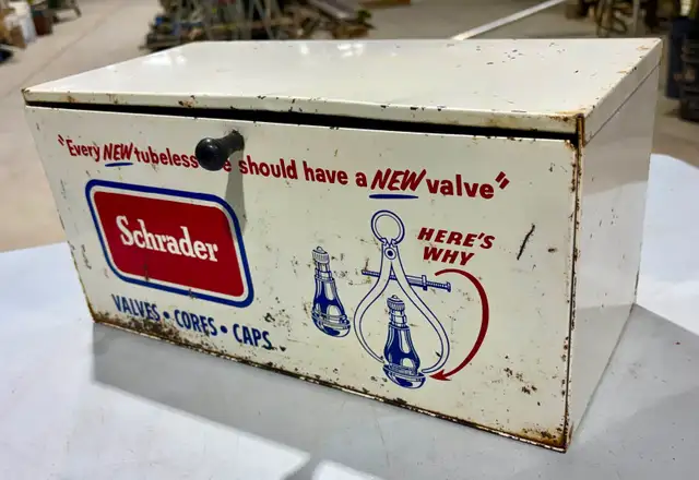 Vintage Schrader Tire Valve Cores Metal Display Box (c. 1930s)