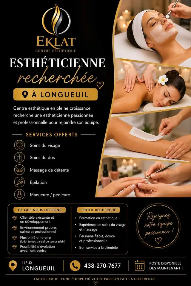 ✨ Esthéticienne recherchée – Longueuil payée cash✨