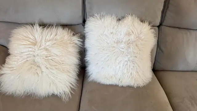 Pair of White Shaggy Faux Fur Throw Pillows