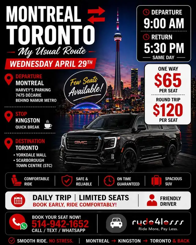 MONTREAL - KINGSTON- TORONTO APRIL 29TH 9AM
