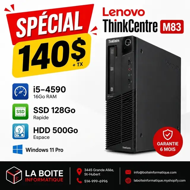 PC Lenovo M83 i5-4590 16Go SSD 128Go HDD 500Go DVD Win11 Pro
