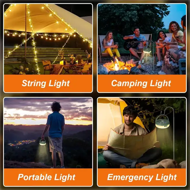 (New)6 in 1 Camping String Lights Outdoor, Waterproof Retractabl