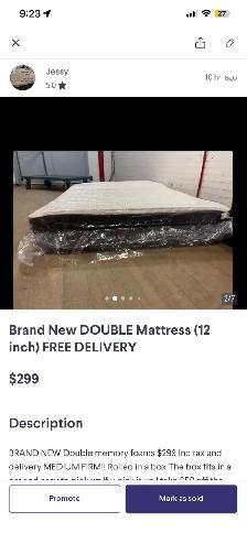 Brand New DOUBLE Mattress (12 inch) $299 Platform $99 Delivery