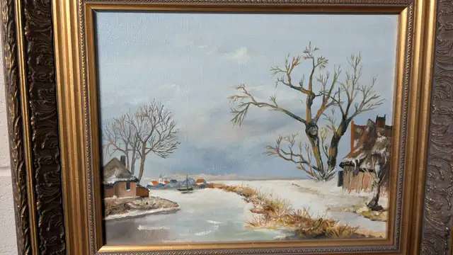 Dutch Winter scene original painting mid 20th century