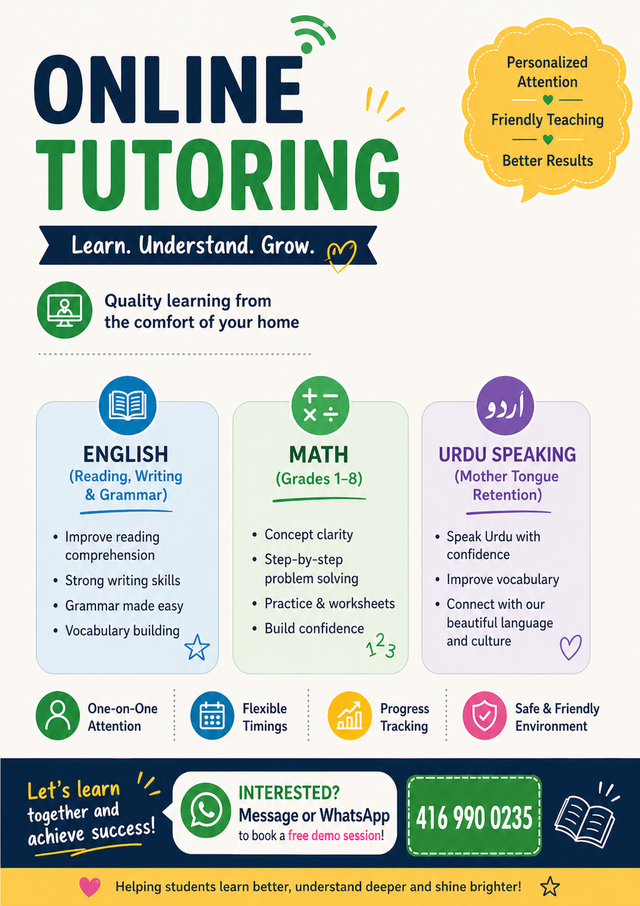 Expert Online Tutoring – English, Math and Urdu