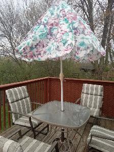DECK/GARDEN FURNITURE- CAST IRON- TABLE-CHAIRS-UMBRELLA