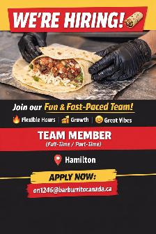 Hiring for part/ full-time roles at burrito place, L8P 4W3