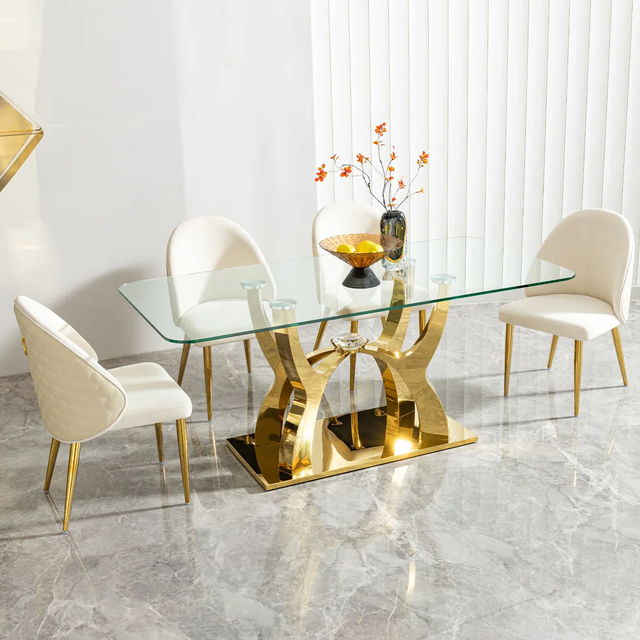 New Dining Table Set With Leather Upholstered Chair Beige /Gold