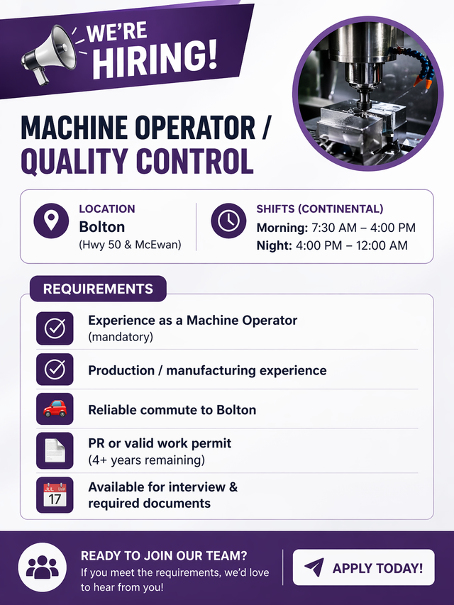 NOW HIRING MACHINE OPERATOR!!