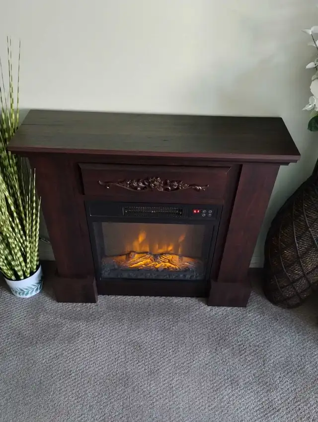 Electric fireplace with mantel.