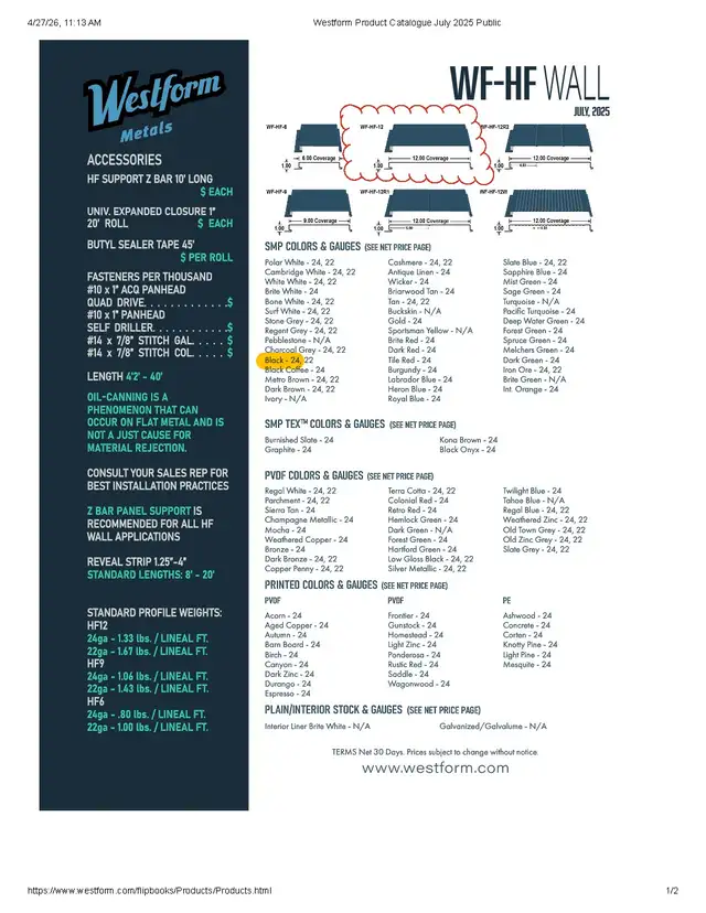 New Westform HF12 Metal Cladding — BLACK — $3/sq ft - Photo 7