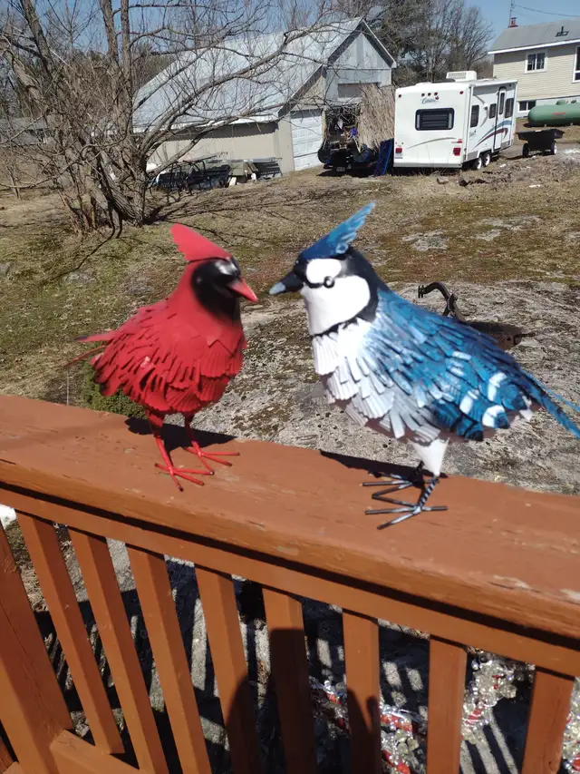 Two metal birds perfect for indoor or outdoor Blue Jay/ Cardinal