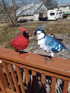 Two metal birds perfect for indoor or outdoor Blue Jay/ Cardinal