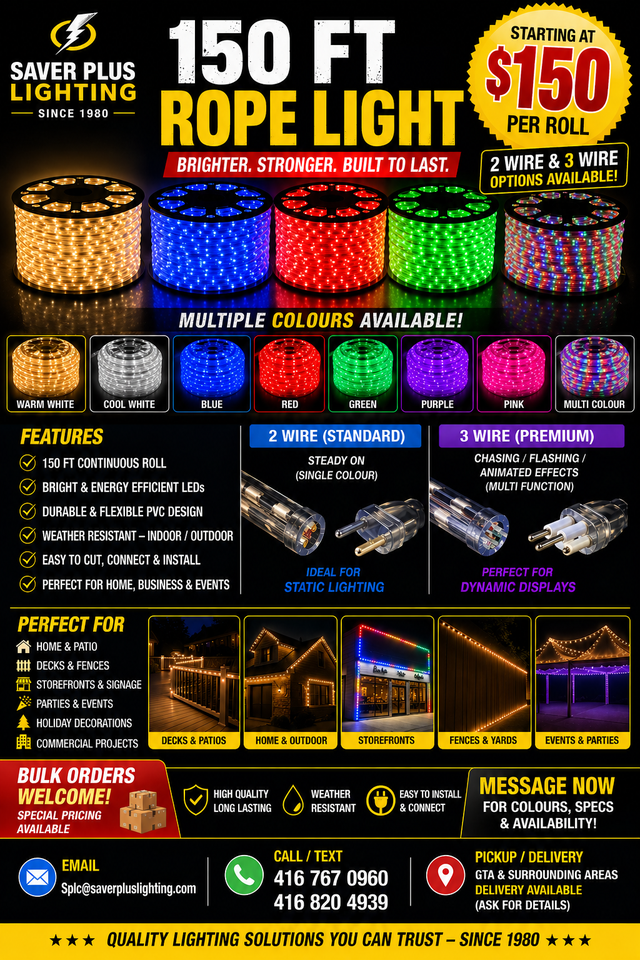 150 FT LED Rope Lights – Multiple Colours | 2 Wire & 3 Wire