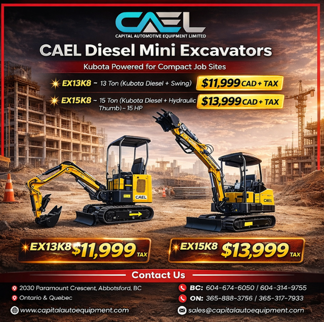NEW CAEL Diesel Mini Excavators 1.3T/1.5T– Kubota certified warr