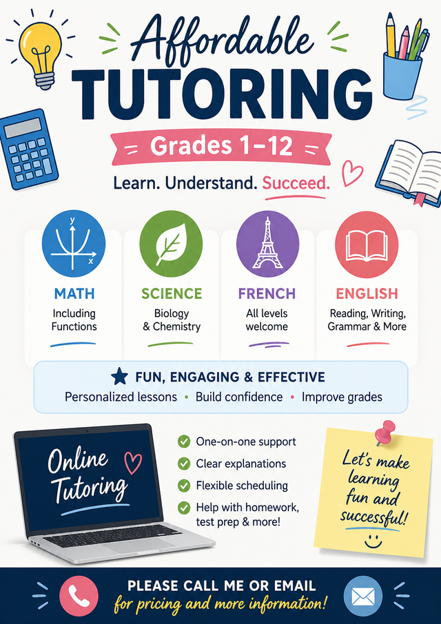 Affordable Math, Science, French & English Tutor: Grades 1-12