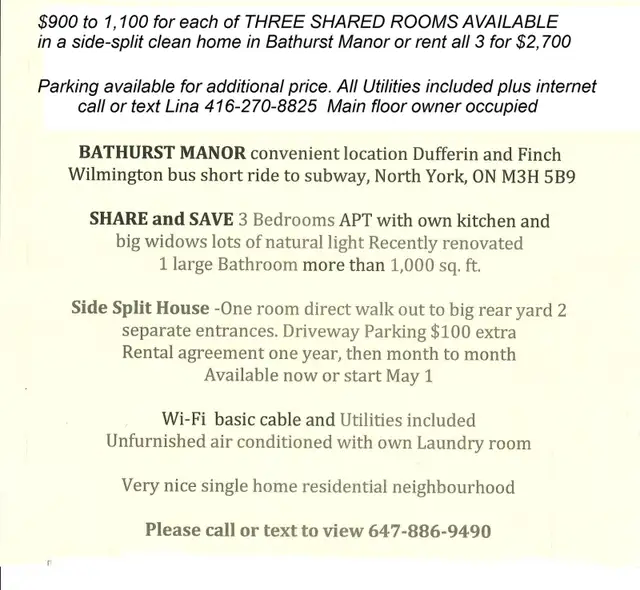 Three ROOMS $900 to 1,100 each shared side split Bathurst Manor