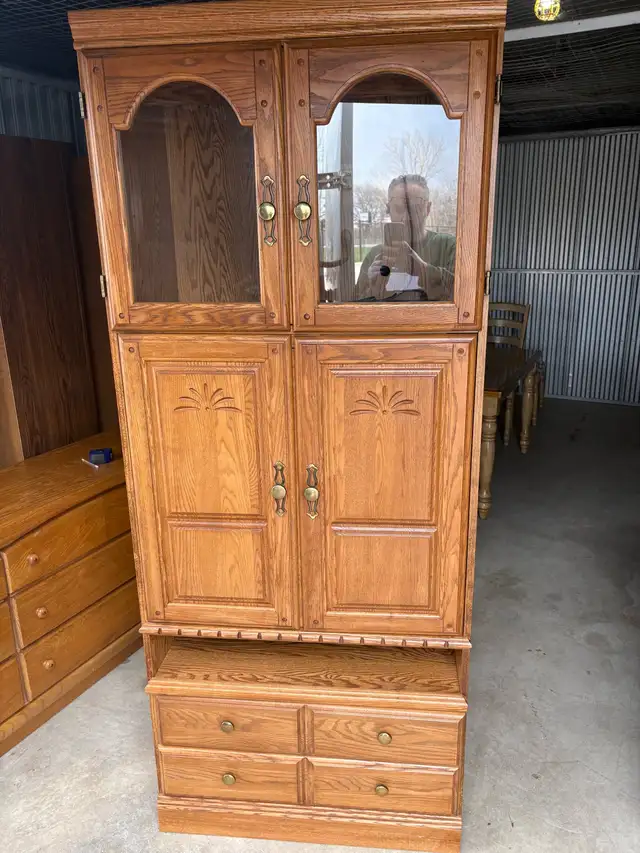 Free delivery used Oak Armoire Cabinet with Glass Doors