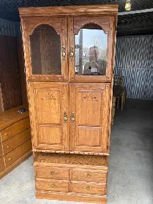 Free delivery used Oak Armoire Cabinet with Glass Doors - Photo 2