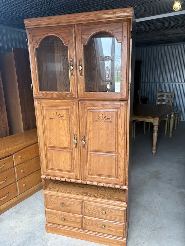 Free delivery used Oak Armoire Cabinet with Glass Doors - Photo 3