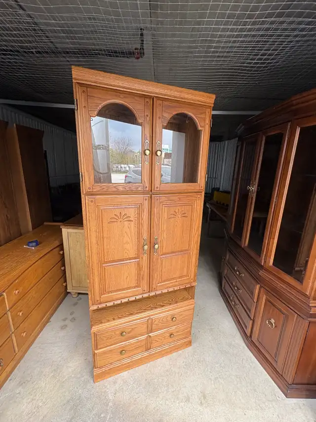 Free delivery used Oak Armoire Cabinet with Glass Doors - Photo 5