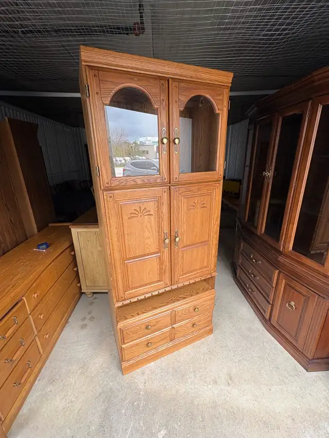 Free delivery used Oak Armoire Cabinet with Glass Doors - Photo 6