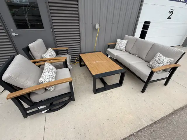 Outdoor patio sofa with 2 swivel chairs and table