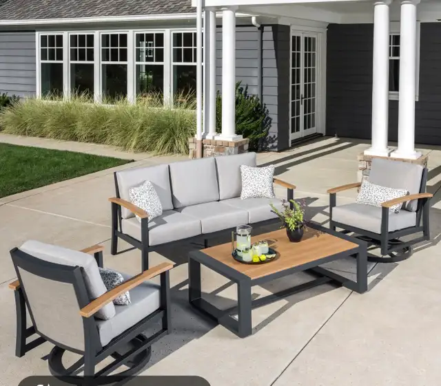 Outdoor patio sofa with 2 swivel chairs and table - Photo 6