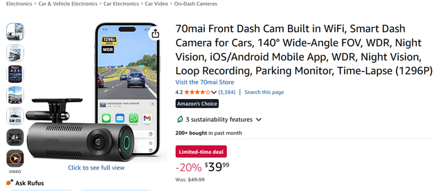(New)70mai Smart Dash Cam Built in WiFi, 140° Wide-Angle FOV, W - Photo 2