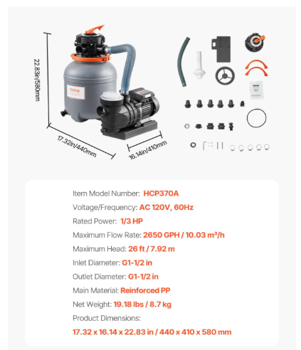 Sand Filter Pump Above Ground Pool, VEVOR, 2650 GPH, 1/3 HP - Photo 6