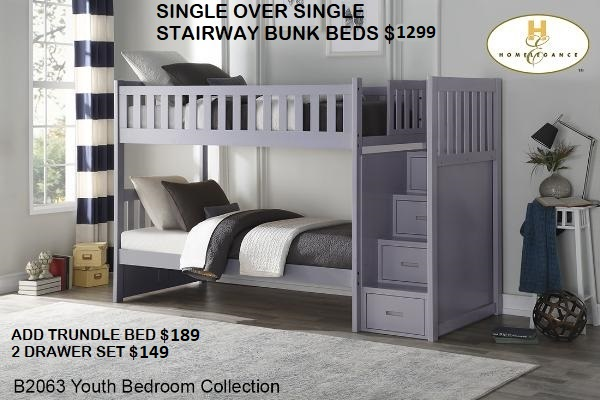 MIKES HAS NEW SINGLE/SINGLE GREY STAIRWAY BUNKS $1299