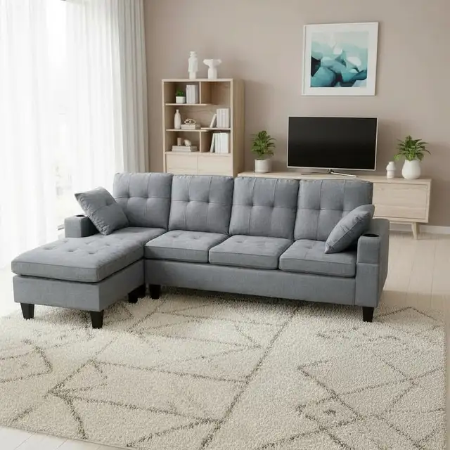 Four Seater Sofa in Black and Grey color in Fabric material