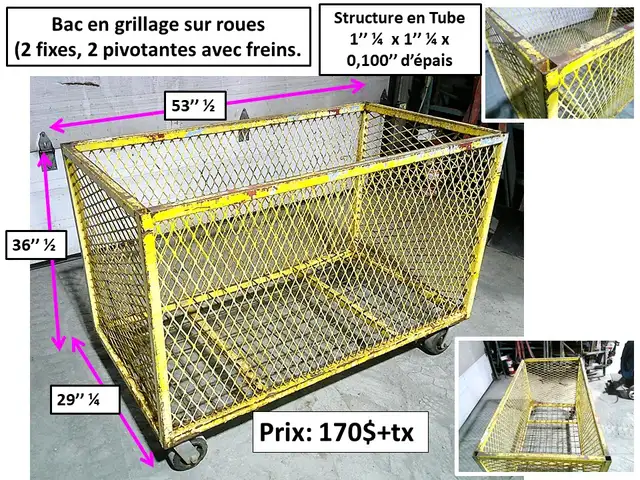 Bac (charriot)  en grillage sur roue et autres charriots
