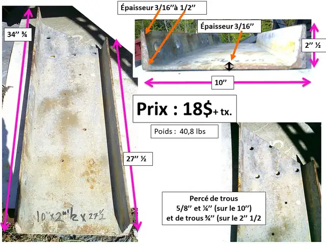 Channel 10'' x 2'' 1/2 x 27''1/2(34''1/4) en angle, et autres
