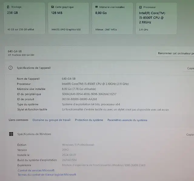 Ensemble ordi HP Prodesk 600G4 Core-i5-8500T 8Go SSD 256Go W11 - Photo 4