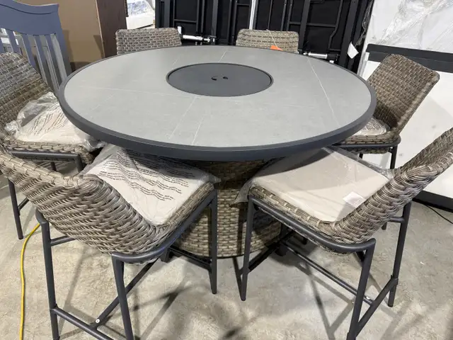 60" round outdoor patio dining set with fire table
