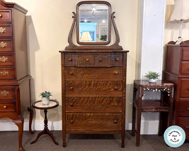 Striking Antique Oak Highboy Dresser at Charmaine's