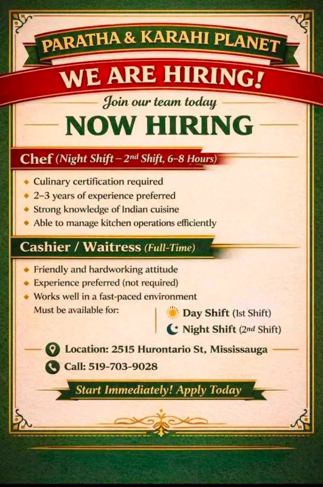 Hiring: Chef (Night Shift) & Cashier/Waitress (Full-Time)