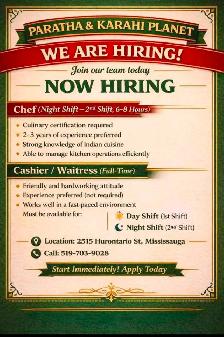 Hiring: Chef (Night Shift) & Cashier/Waitress (Full-Time)