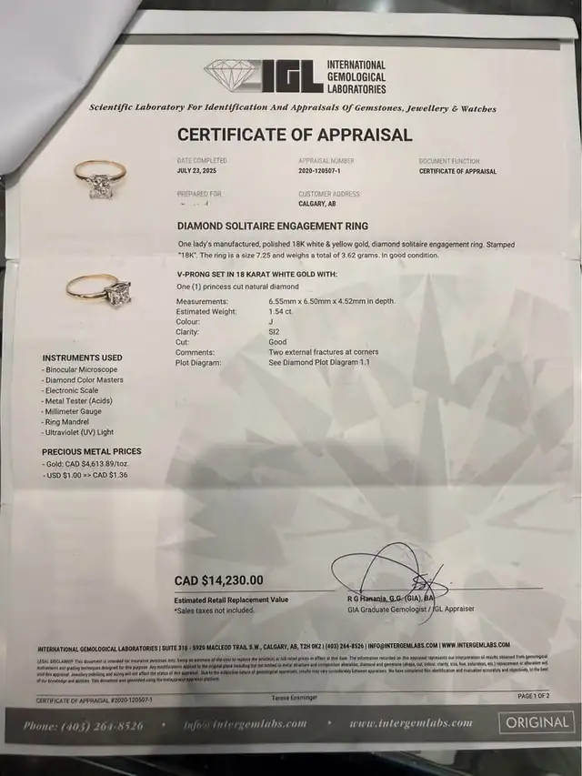 Natural Princess Cut Diamond 1.54 Carat J-SI2 in 18k Gold - Photo 2