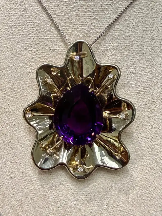 14k Two Tone 30.4 grams 58.85 Carat Natural Amethyst Pendant