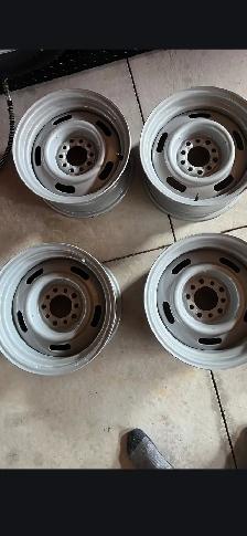 Rally wheels, fits Chev,ford and dodge.2-15x 8 & 2-15x 7. There